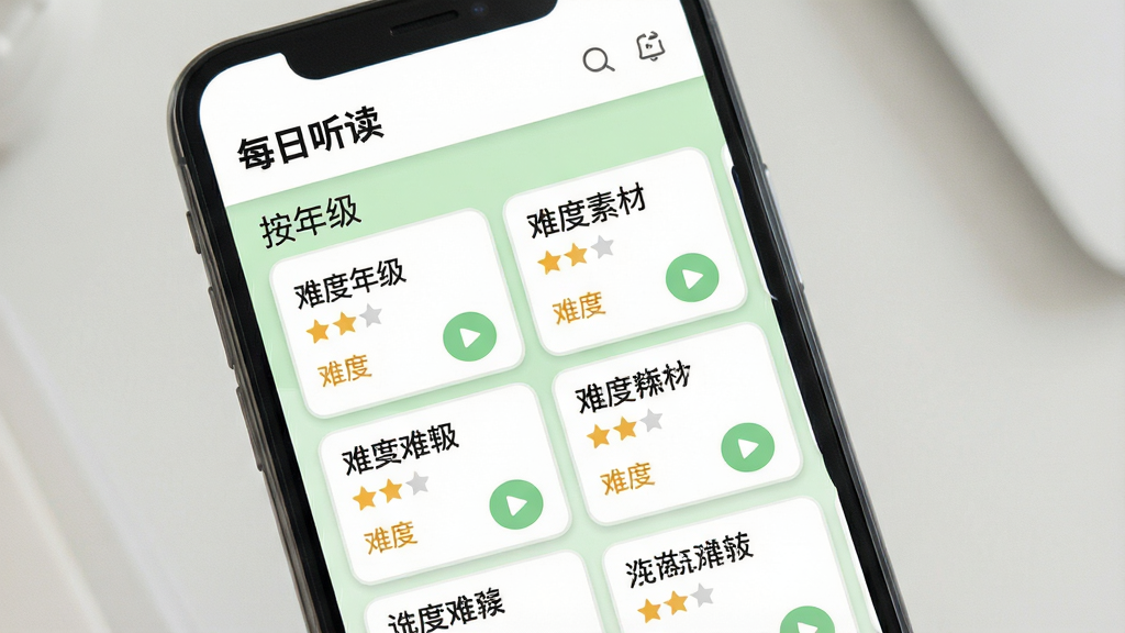 一张展示“每日听读”素材列表页面的图片,画面中央是一部手机,屏幕内呈现按年级和难度分类的听读素材卡片列表,每张卡片上有标题、难度星级和播放按钮,卡片排列整齐,背景为白色与浅绿色搭配,整体风格清新明快,布局有序,细节丰富,画质高清,干净,无多余元素