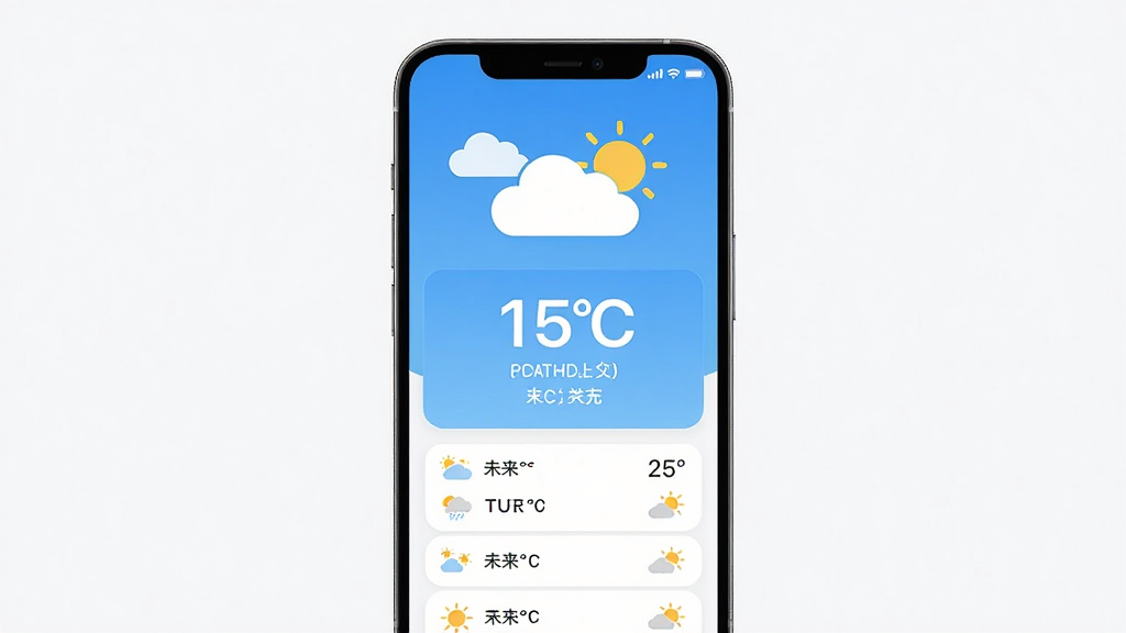 主体是一个竖屏智能手机,屏幕显示预告天气APP主界面,上方是蓝天白云和太阳图标,中间是醒目的温度数字和天气状况文字,下方是未来几天的天气列表,布局简洁明了,排版上下分层,风格为现代扁平化科技风,细节包括圆角卡片和清晰的小图标,画质高清,干净,无多余元素。