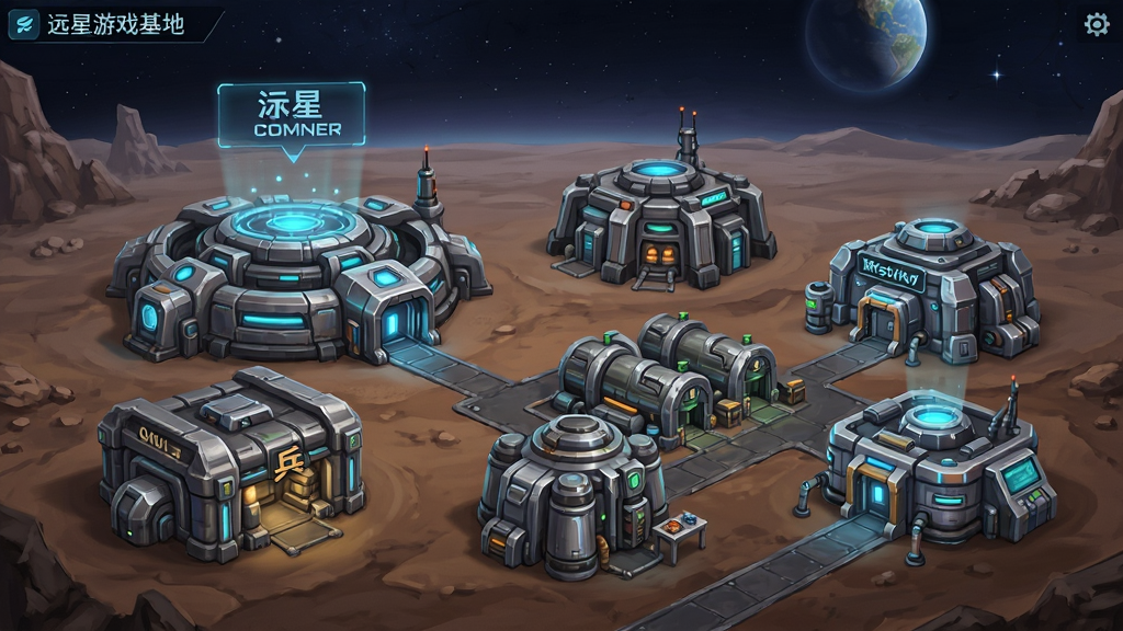 一幅远星游戏基地建设界面的示意图,画面中分布着指挥中心、资源仓库、兵营、研究所等建筑,建筑带有科幻风格的金属质感与发光标识,背景是远星地表与星空,画面风格为游戏UI概念图,排版清晰,画质干净