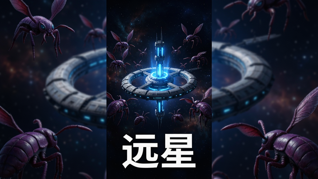 一幅科幻星际主题的竖版手机游戏预览图,画面中央是一颗被虫族生物包围的远星空间站,空间站主体发出蓝色光芒,四周环绕着紫红色的虫族飞行单位,背景是深邃的宇宙星空与星云,画面下方用白色粗体字写着