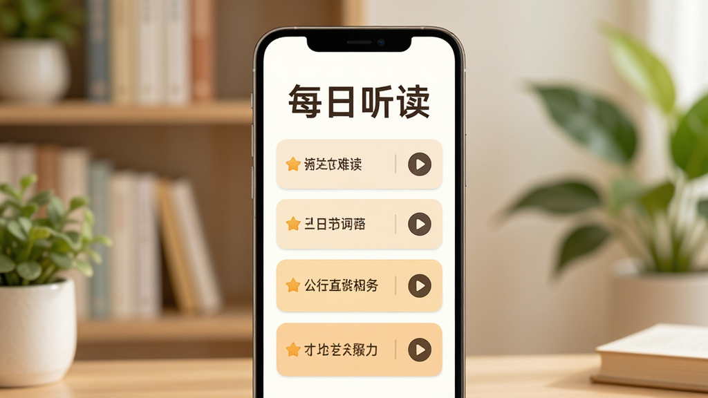 一幅AI生图,画面主体是一块竖屏手机,屏幕上显示“每日听读”四个字,下方排列着不同难度的卡片标签,从小学到初中依次递进,背景是柔和的书架与绿植,布局居中,风格温馨学习风,细节包括卡片上的小星星和播放图标,画质清晰,干净无多余元素