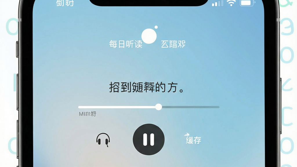 一张手机锁屏界面截图风格图,画面中“每日听读”正在后台播放,锁屏中央显示短文标题和播放进度条,背景是淡蓝色渐变,布局简洁,风格现代,细节包括耳机图标和缓存箭头,画质高清,干净无多余元素