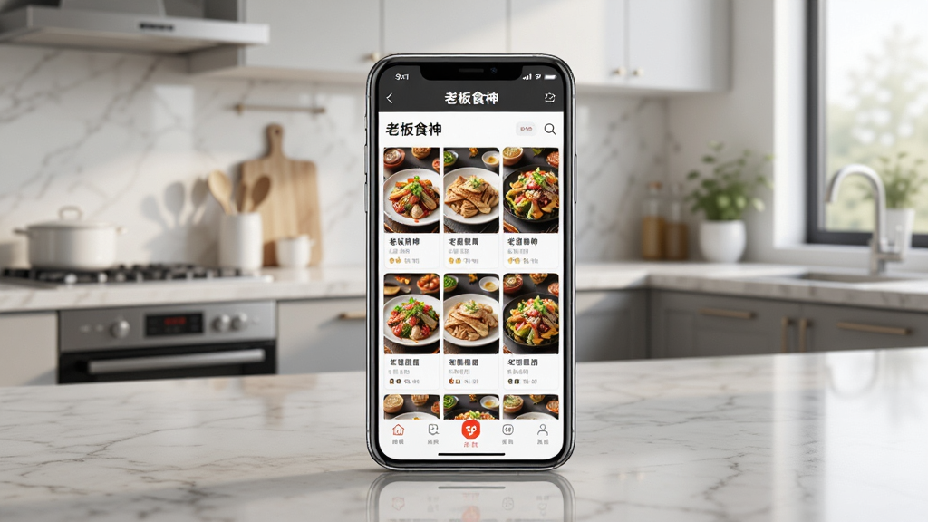 一部手机放置在厨房台面上,屏幕中展示着老板食神App的菜谱列表页面,页面中排列着多道诱人的菜品图片,背景是整洁的现代厨房环境,自然光线从窗户照入,风格写实,构图居中,画质细腻干净,画面中可带有“老板食神”文字标识。