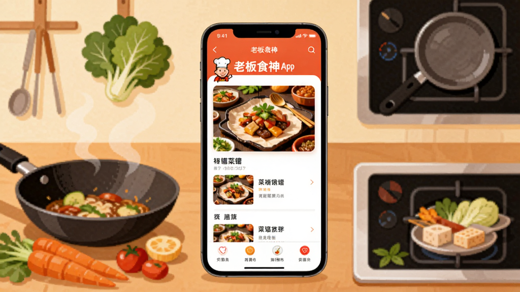 画面中央展示一部智能手机,屏幕上显示着老板食神App的菜谱推荐首页界面,手机周围环绕着新鲜蔬菜、炒锅、智能灶具等厨房元素,整体采用明亮温馨的暖色调,扁平化插画风格,构图均衡,细节丰富,画质清晰干净,无多余装饰元素。