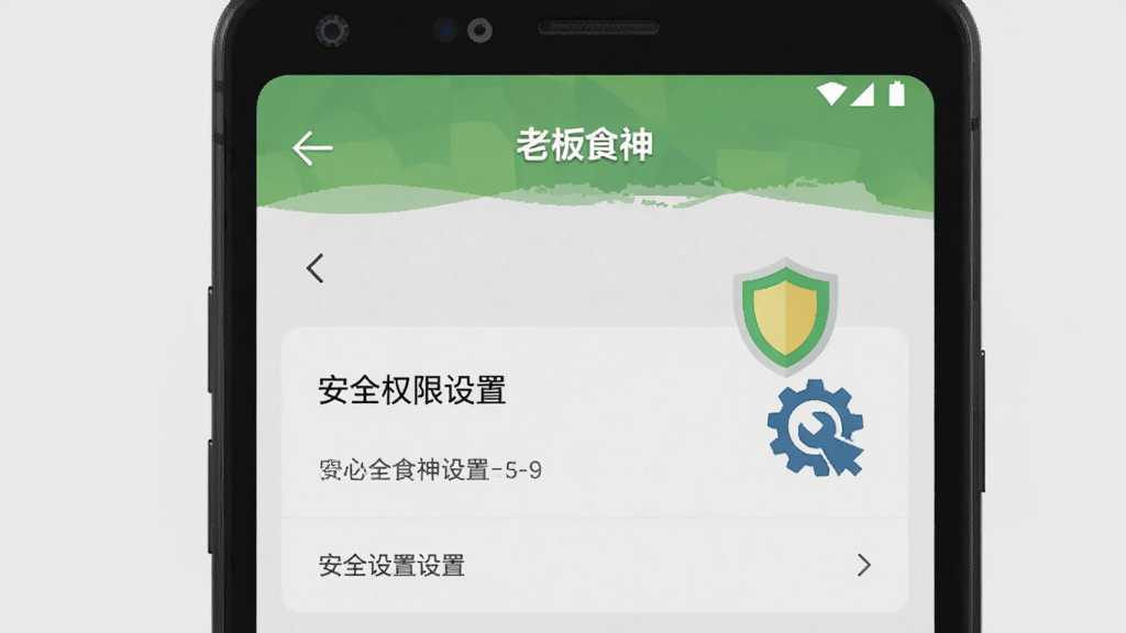 一部安卓手机特写,屏幕显示老板食神App的权限设置页面,旁边有盾牌和齿轮图标象征安全与设置,背景简洁浅灰色,风格扁平化,构图居中,画质清晰干净,画面中可带有“老板食神”文字标识。