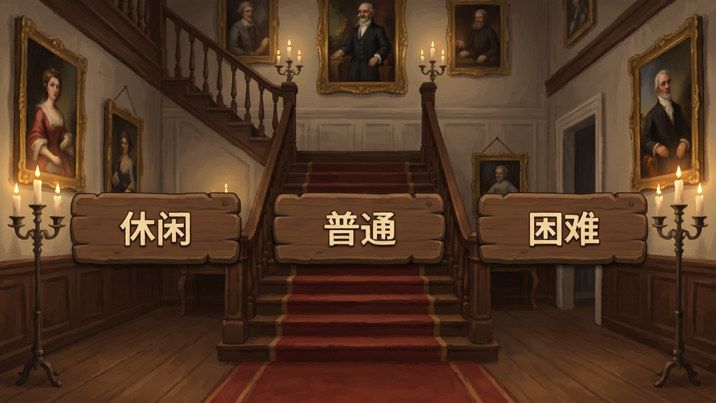 游戏难度选择界面,三个并排的木质牌匾分别写着休闲、普通、困难,背景是庄园大厅的楼梯,周围有烛台和挂画,风格为解谜游戏UI界面展示,排版整洁,画质高清,干净,无多余元素