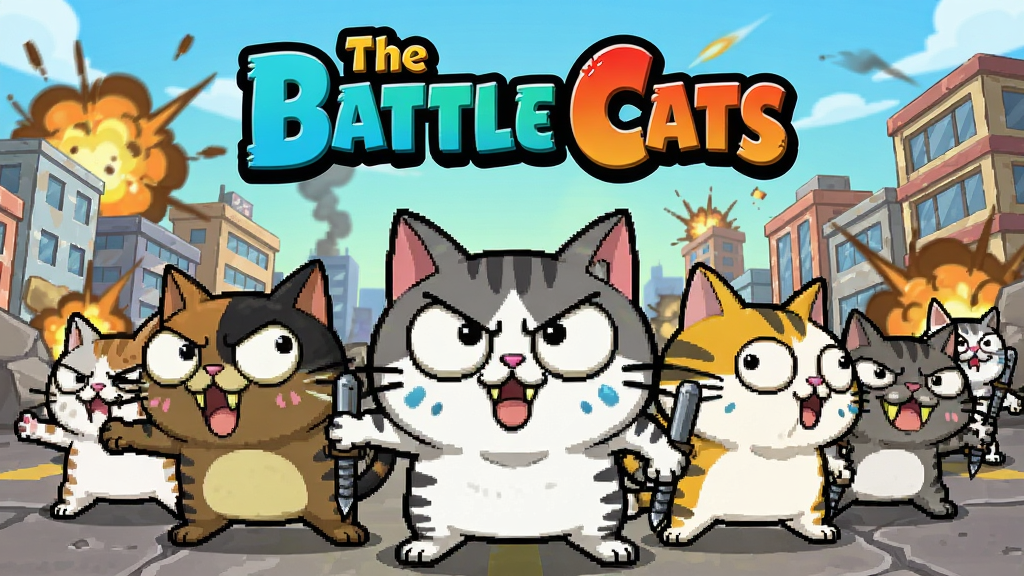 一张展示The Battle Cats游戏主界面的宣传图,画面中央是几只造型夸张的猫咪角色排成战斗队列,背景是卡通风格的城市战场,画面上方显示游戏标题“The Battle Cats”,整体风格为日系搞怪卡通,色彩鲜艳明快,细节清晰,画质干净,无多余元素