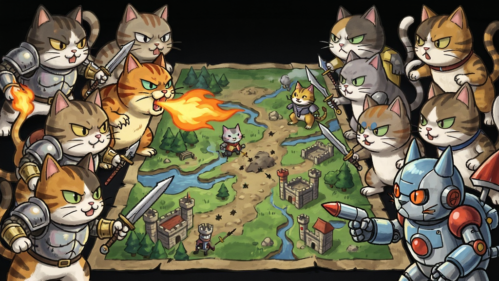 一款以The Battle Cats为主题的创意插画,画面中展示了多种不同形态的猫咪角色,包括穿着铠甲的猫、喷火的猫、机械猫等,它们排列在画面两侧形成对峙阵型,中间是战场地图,整体风格为色彩鲜明的日系卡通风,画面布局紧凑有序,细节丰富,画质干净,无多余元素