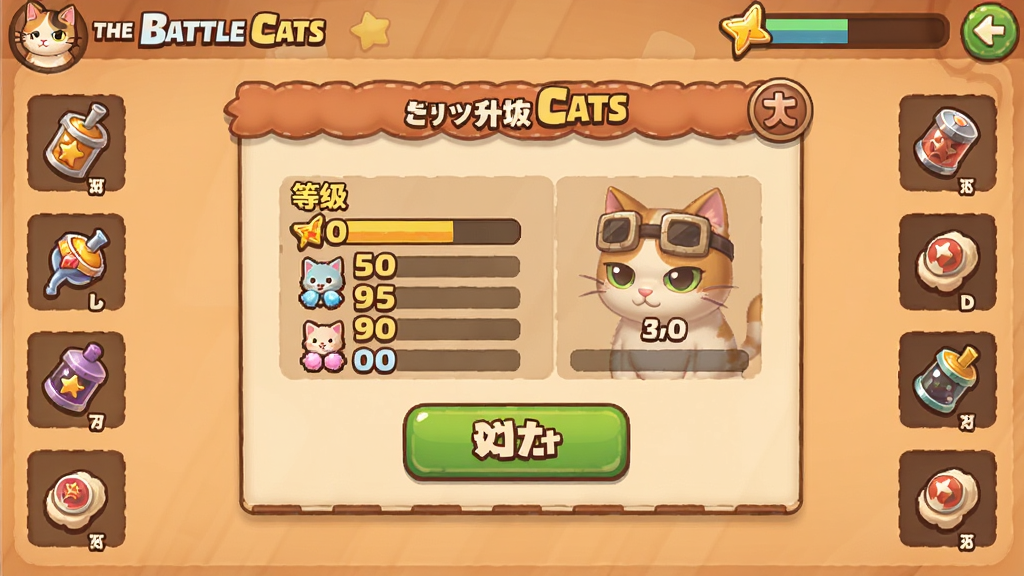 一张展示The Battle Cats猫咪养成界面的图片,画面中是一只猫咪的升级界面,显示等级、属性数值和进化按钮,周围环绕着经验值和道具图标,整体风格为日系手游UI,配色以暖色调为主,画面清晰,细节丰富,画质干净,无多余元素