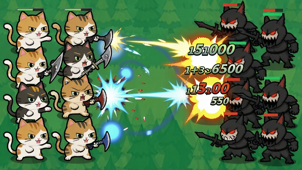 一张The Battle Cats战斗场景的示意图,画面中猫咪军团正在与敌方单位交战,画面左侧是玩家阵营的猫咪,右侧是敌方单位,中间有攻击特效和伤害数字,整体风格为日系卡通战斗画面,色彩对比鲜明,布局清晰,画质干净,无多余元素