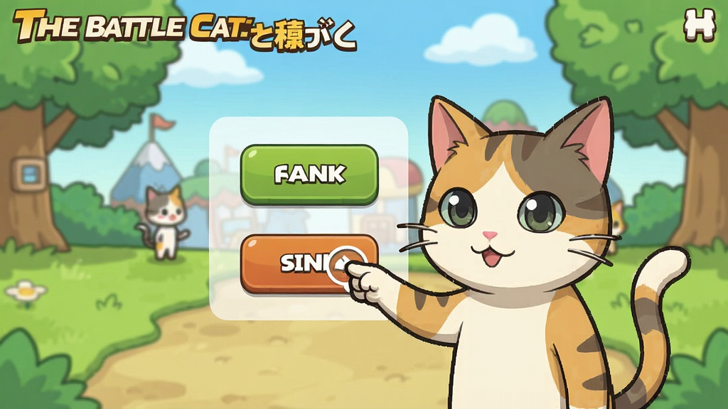 一张展示The Battle Cats新手教学界面的图片,画面中有一只猫咪正在引导玩家点击屏幕上的操作按钮,界面简洁明了,背景为卡通风格的游戏场景,风格为日系手游教学页面,画质干净,无多余元素