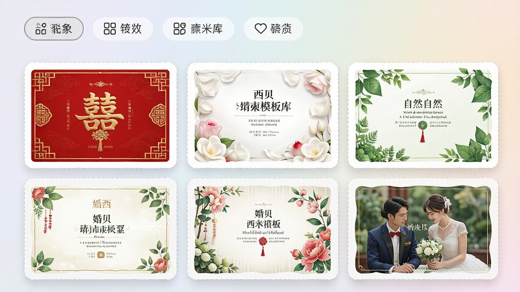 婚贝请柬模板库界面展示,画面中是一面整齐排列的请柬模板墙,每个模板缩略图都展示着不同风格的请柬设计,有中式红色喜庆风格、西式白色浪漫风格、清新绿色自然风格等,界面顶部有分类筛选标签,整体布局清晰有序,风格现代简约,细节包括模板预览边框、分类图标和柔和的背景渐变,画质高清,干净,无多余元素