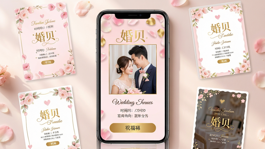 婚贝请柬软件主界面展示,画面中央是一部智能手机,屏幕中显示着精美的婚礼电子请柬页面,粉色与金色为主色调,页面上有新人照片、婚礼时间地点信息和祝福按钮,手机周围散落着几个不同风格的请柬模板缩略图,整体布局干净整洁,风格温馨浪漫,细节包括花瓣装饰、烫金文字和柔和的光影效果,画质高清,干净,无多余元素