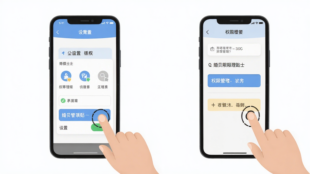 婚贝请柬操作小贴士示意图,画面中手机屏幕显示着设置页面和权限管理界面,旁边有手指点击操作的示意,整体布局简洁明了,风格扁平化,细节包括开关按钮、权限图标和提示文字框,画质高清,干净,无多余元素