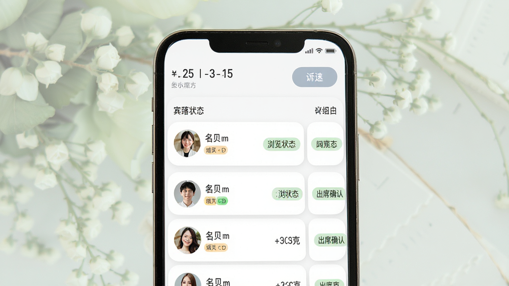婚贝请柬宾客管理界面展示,画面中手机屏幕显示着宾客列表页面,列表中包含宾客头像、姓名、浏览状态和出席确认标记,顶部有统计数据和筛选按钮,整体布局清晰,风格商务简约,细节包括状态标签的颜色区分、数据卡片的圆角设计和柔和的背景色,画质高清,干净,无多余元素