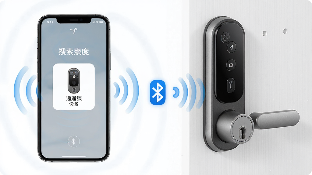 通通锁使用教程示意图,画面展示一部手机与智能门锁之间的蓝牙连接过程,手机屏幕显示搜索到门锁设备,周围有信号波纹图标,布局左右分布,风格简洁清新,细节清晰,画质高清,干净,无多余元素