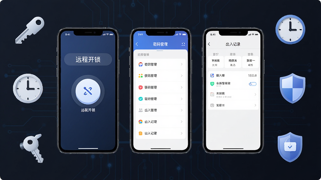 通通锁APP功能展示图,画面中央并排展示三张手机界面卡片,分别显示远程开锁按钮、密码管理列表与出入记录页面,卡片周围环绕钥匙、时钟与盾牌图标,布局整齐,风格扁平化科技感,细节清晰,画质高清,干净,无多余元素