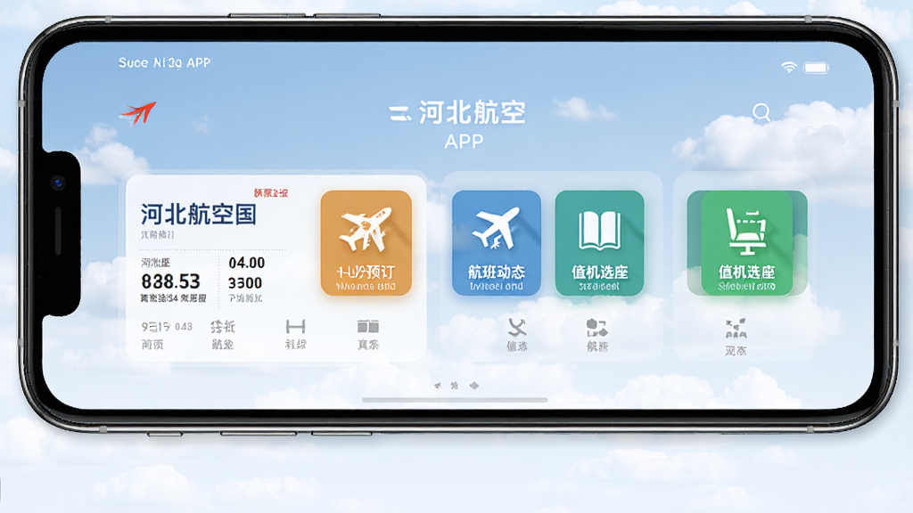 一张展示河北航空手机应用主界面的图片,画面中央是一部现代智能手机,屏幕上显示着河北航空APP的首页,包含机票预订、航班动态、值机选座等图标,背景为淡蓝色天空与云朵,风格简洁商务,细节清晰,画质干净,无多余元素