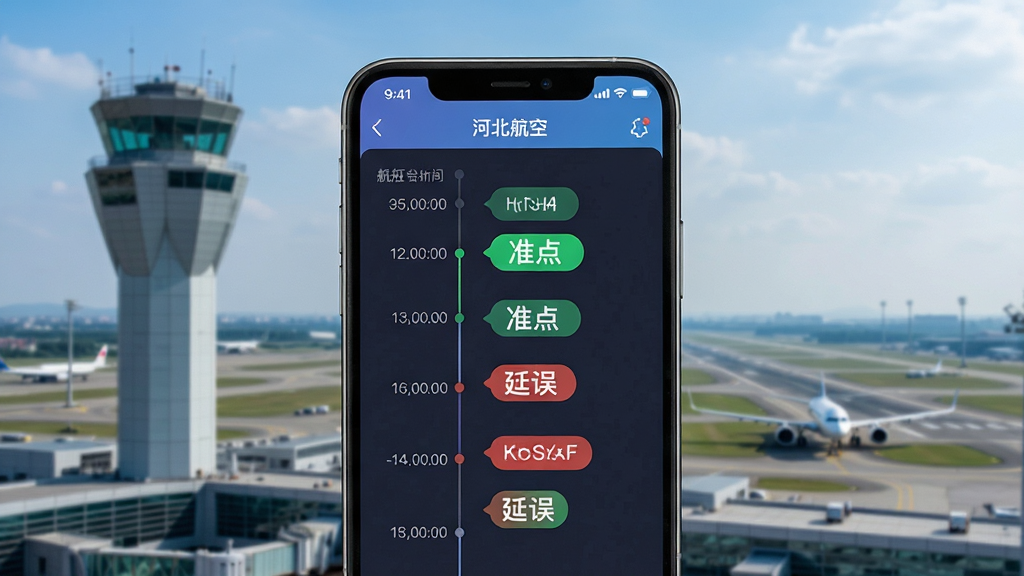 一张展示河北航空APP航班动态功能的图片,手机屏幕显示航班时间轴与状态标签,绿色代表准点,红色代表延误,背景为机场塔台与跑道的远景,风格科技感,细节清晰,画质干净,无杂乱元素
