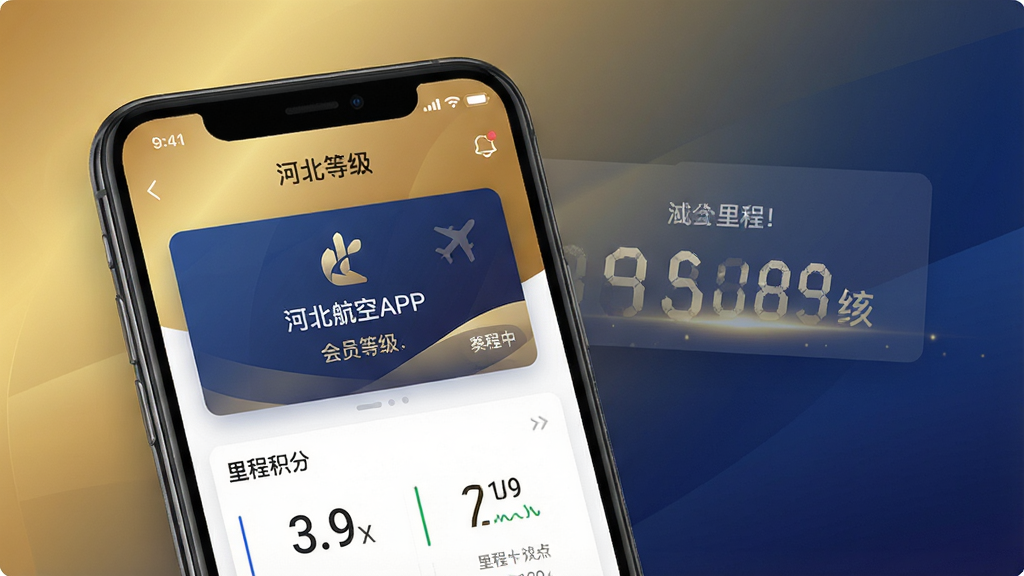 一张展示河北航空APP会员中心界面的图片,手机屏幕显示会员等级卡片与里程积分数字,背景为金色与深蓝色渐变,风格高端商务,细节精致,画质清晰,干净无多余装饰
