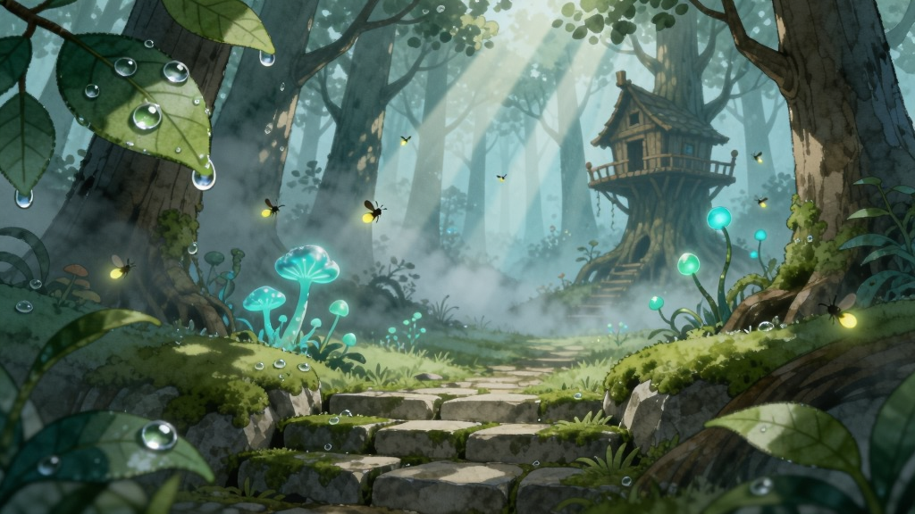 静静之旅游戏中的手绘美术场景,主体是一片笼罩在晨雾中的神秘森林,布局为纵深透视构图,近景是长满苔藓的石阶,中景是发光的神秘植物,远景是若隐若现的树屋,排版为横版宽幅画面,风格为水彩童话插画风,细节包括树叶上的露珠、穿透树冠的光柱、飘浮的萤火虫,画质唯美精致,干净无杂乱元素