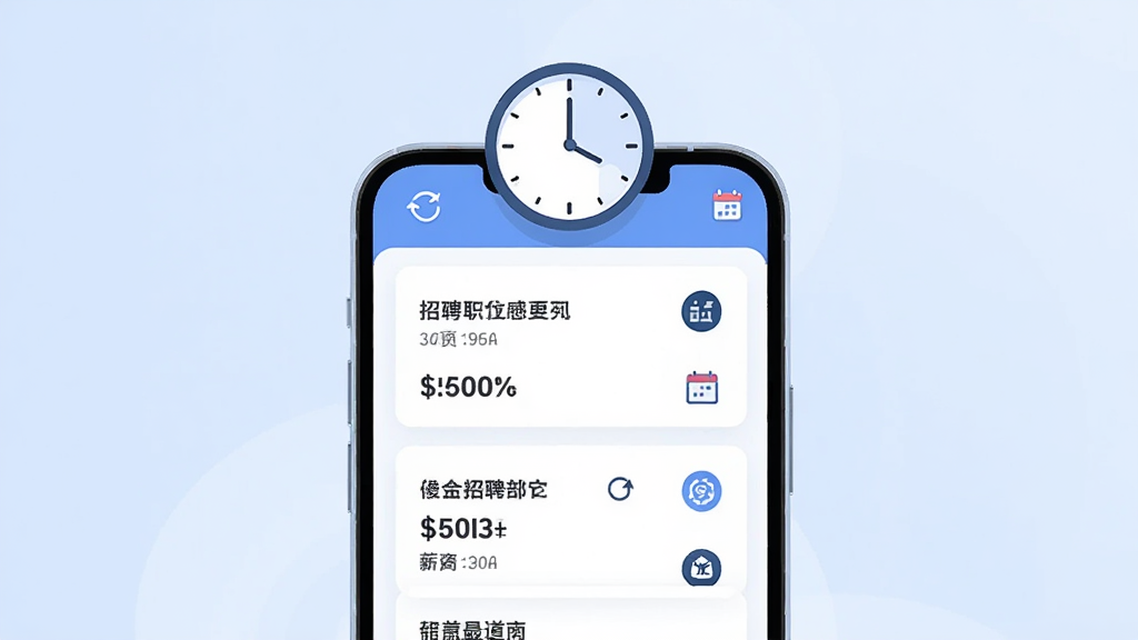 画面中央是一个手机应用界面,界面内展示多条招聘岗位卡片,每张卡片上有职位名称和薪资数字,手机上方悬浮一个时钟图标表示实时更新,背景是淡蓝色渐变,布局采用上下结构,风格为现代扁平插画风,细节包括刷新箭头、日历标记、企业logo小图标,画质高清干净,无多余元素