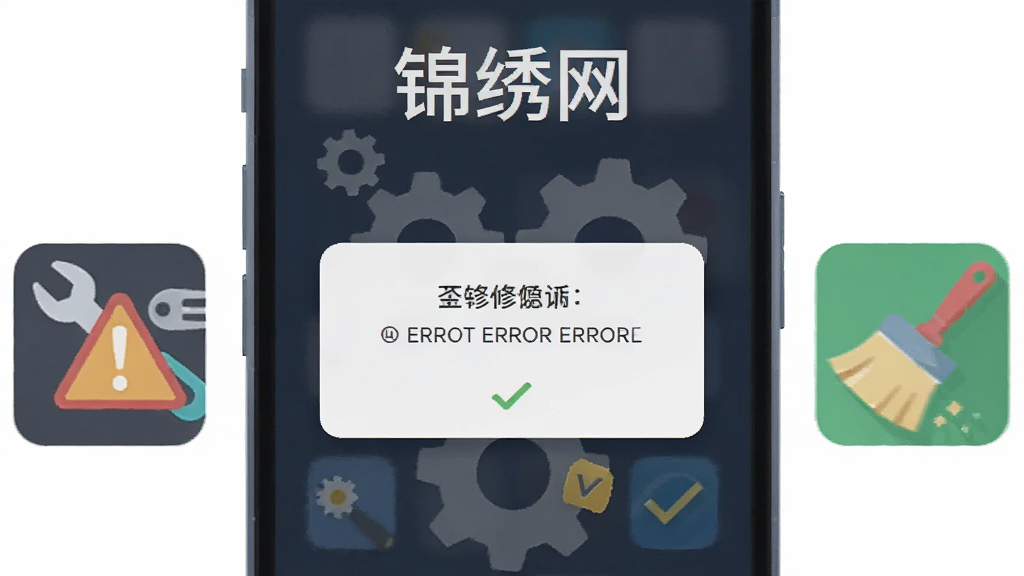 画面展示一部手机屏幕出现错误提示弹窗,旁边有修复工具图标和清理刷子图标,手机上方用文字标注