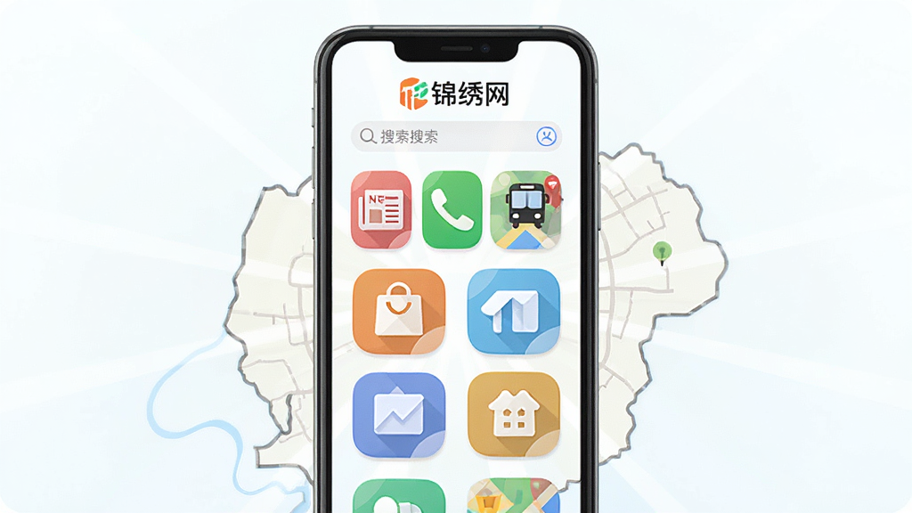 画面中心是一个手机屏幕,屏幕内以网格形式排列多个功能图标,包括新闻、电话、公交、地图、购物袋等,屏幕上方有