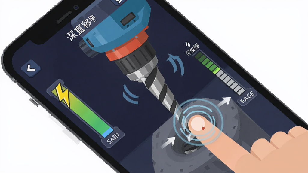 Auto Drill: Galaxy 移动端操作示意图,画面展示手机屏幕内钻头下钻的触控手势,旁边有能量条与深度指示器,主体为手机与游戏界面,布局为斜向展示,排版简洁,风格为扁平化教程图,细节包括手指触控点、数值标签、箭头指示,画质清晰,干净,无多余元素
