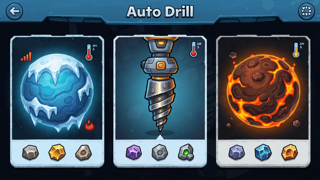 Auto Drill: Galaxy 游戏内展示多个星球选择界面,左侧是冰封星球,右侧是熔岩星球,中间是钻探机预览图,主体为星球与钻头,布局为横向排列,排版采用卡片式设计,风格为科幻卡通,细节包括星球纹理、温度标识、资源图标,画质清晰,干净,无多余元素