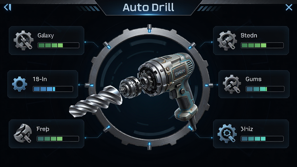 Auto Drill: Galaxy 钻头升级界面,画面中央是钻头部件分解图,周围环绕升级选项与数值条,主体为机械钻头,布局为环形放射状,排版简洁,风格为科技感UI,细节包括金属质感、齿轮图标、进度条,画质高清,干净,无多余元素