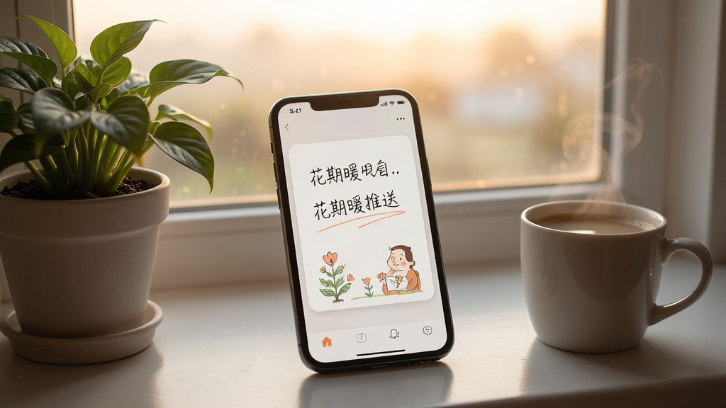 清晨窗台上一部手机屏幕亮起,显示着花期暖推送的暖心短句卡片,卡片上有柔和的手写字体和插画元素,旁边有一盆绿植和一杯冒热气的咖啡,窗外是朦胧的晨光,整体氛围温暖安静,画质清晰自然。