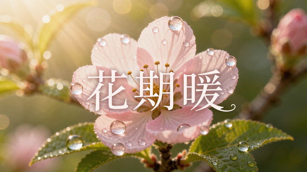 一朵盛开的粉色花朵在柔和阳光下缓缓绽放,花瓣上带着晶莹露珠,背景是虚化的绿色枝叶和温暖光斑,画面中央以优雅字体写着“花期暖”三个字,整体风格清新治愈,画质细腻干净。