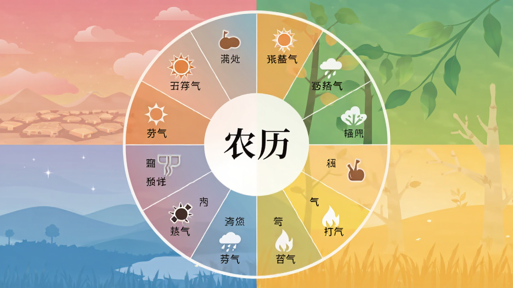 画面展示二十四节气圆形图表,每个节气配有小图标和名称,中心位置写着“农历”二字,背景是四季渐变色,风格清新自然,排版整齐有序,画质细腻干净