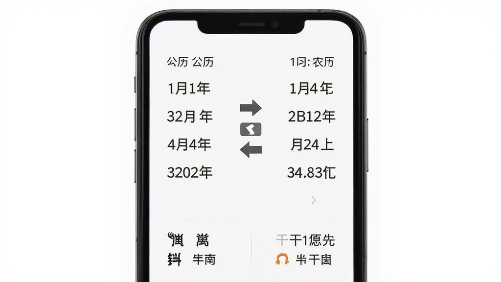 一部智能手机屏幕上显示农历转换界面,左边是公历日期右边是农历日期,中间有双向箭头标识,屏幕下方显示生肖和干支信息,整体布局简洁清晰,背景为纯白色,风格现代简约,画质高清干净
