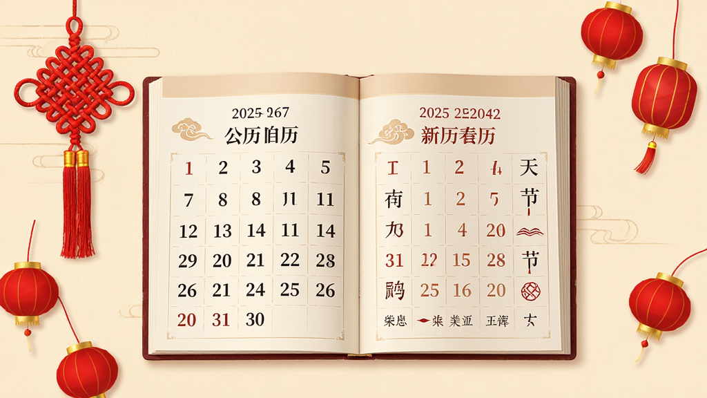 一张展示农历手机应用主界面的图片,画面中央是一本翻开的中国传统日历,左侧显示公历日期右侧显示农历日期和节气信息,背景是淡雅的米黄色,周围点缀红色中国结和小灯笼,风格温馨传统,画质清晰干净,无多余元素