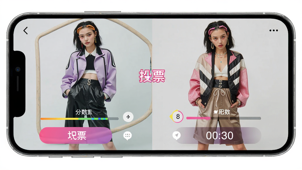 Glow时尚对决投票界面预览图,主体为手机屏幕显示两套搭配作品对比,布局为左右分屏对比展示,风格为活泼的社交应用界面,细节包括投票按钮、分数条、倒计时数字,画质高清,干净,无多余元素