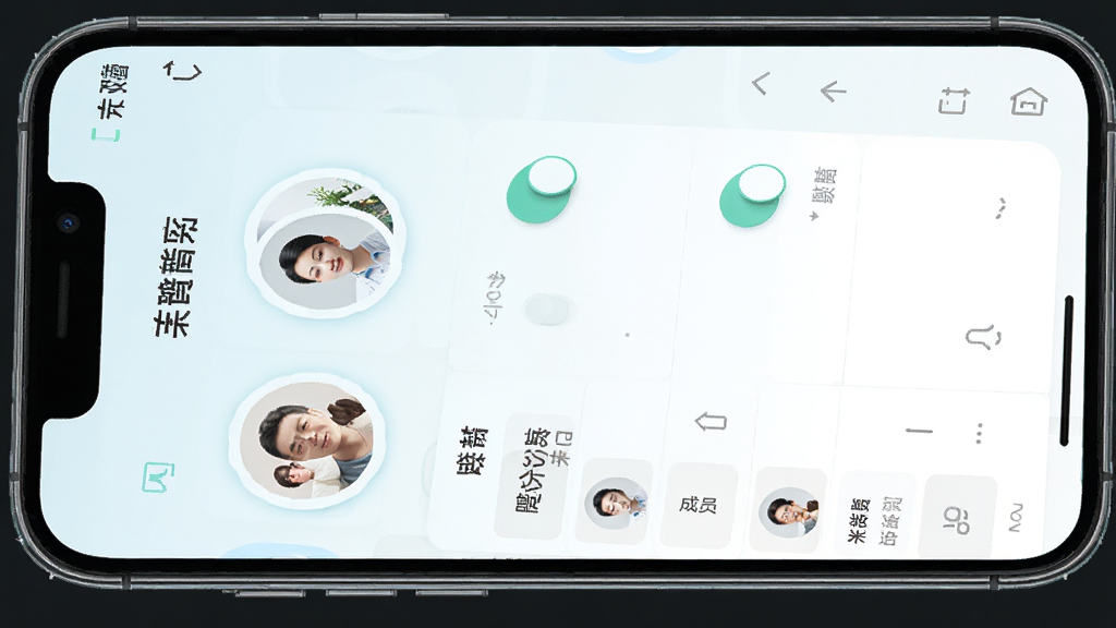 荣耀智慧空间家庭共享功能界面,画面展示手机屏幕上的家庭群组管理页面,包含成员头像、权限开关、设备分配列表,布局为上下结构,风格为清新浅色UI风格,细节上头像带有微光描边,画质高清,干净无多余元素