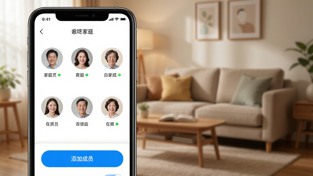 叮咚App家庭成员管理页面,显示多位家庭成员头像和在线状态,手机界面简洁,背景为温馨家庭客厅,风格柔和,细节包含添加成员按钮和权限开关,画质高清无多余元素