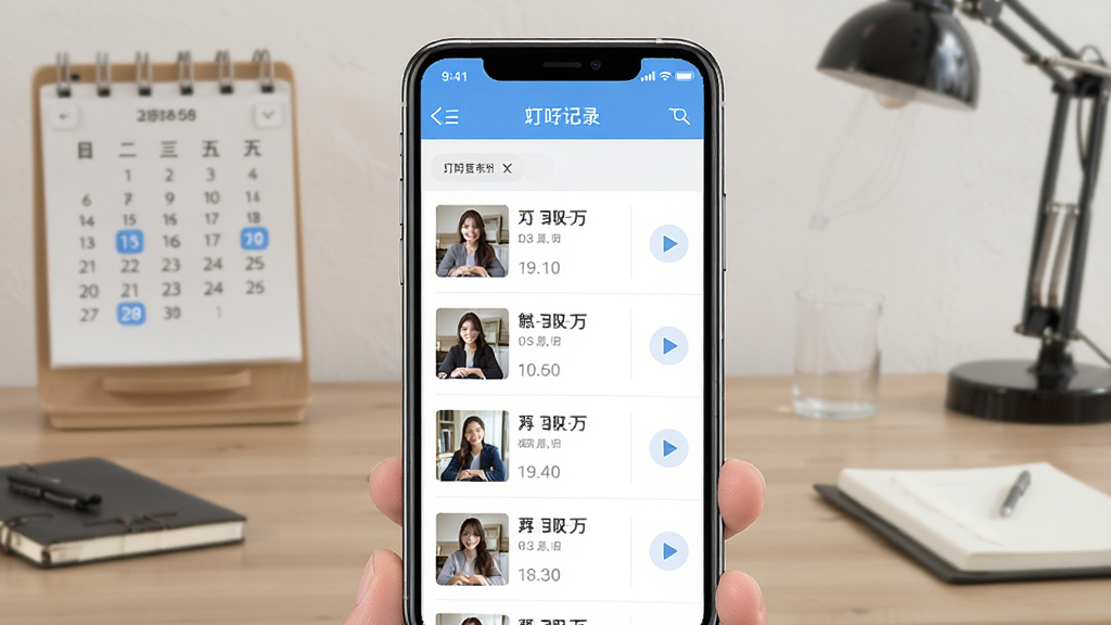 叮咚App历史记录回看界面,手机屏幕显示按日期排列的访客事件列表,每条记录带有缩略图和触发时间,背景为书房桌面,风格简约商务,细节包含日历筛选和播放按钮,画质清晰干净