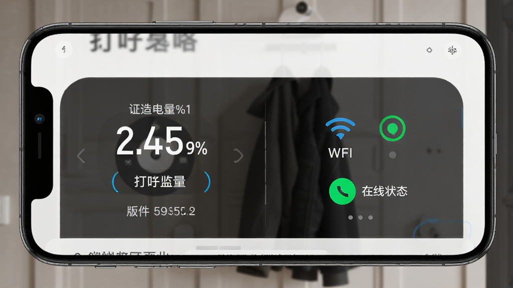 叮咚App设备状态监测页面,手机屏幕显示门铃电量百分比、WiFi信号强度和在线状态图标,背景为玄关墙面,风格科技感,细节包含设备名称和固件版本号,画质高清干净无多余元素