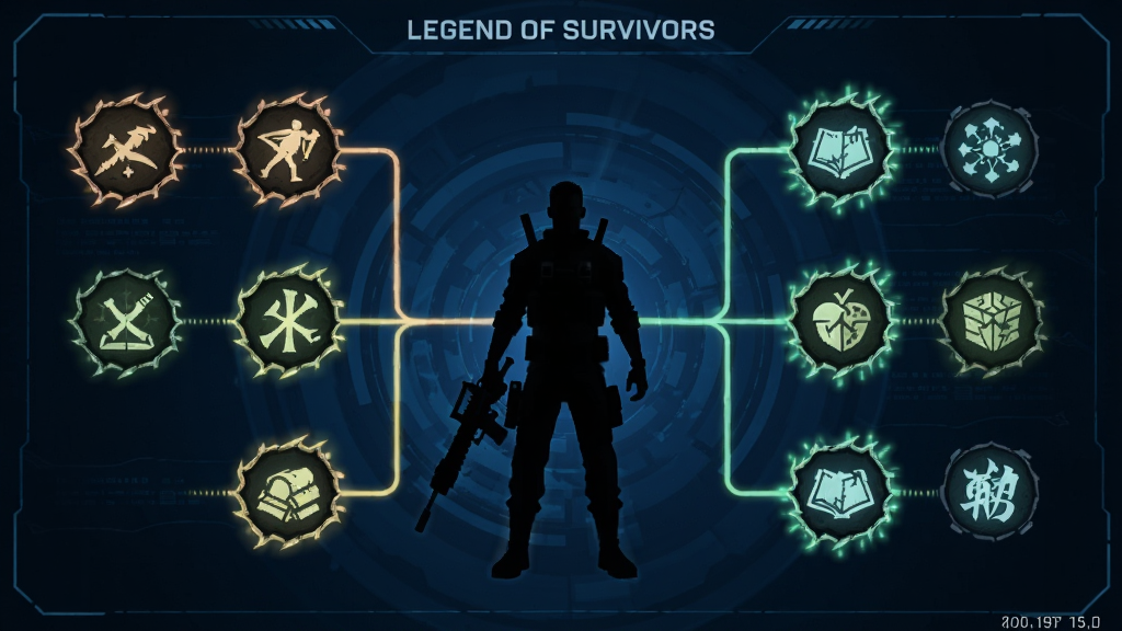 Legend of Survivors角色天赋树界面截图风格图,画面中央是一位幸存者角色剪影,周围环绕着三列发光的技能图标,分别代表战斗、生存、辅助三个分支,图标设计精美,背景为深蓝色科技感界面,画质清晰,干净无多余元素