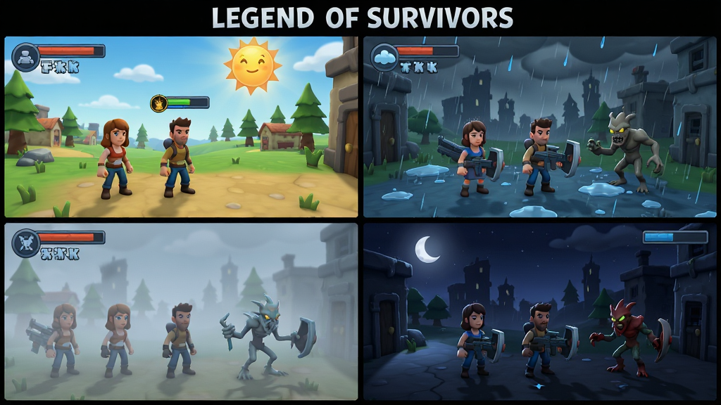 Legend of Survivors动态天气系统展示图,画面分为四个分镜,分别展示晴天、雨天、雾天、夜晚四种环境下的游戏场景,每个场景中角色状态与敌人分布各不相同,风格统一为美式卡通渲染,细节清晰,画质干净