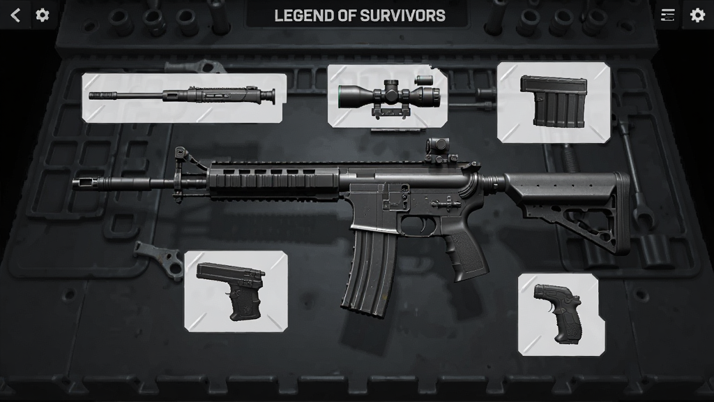 Legend of Survivors武器改装界面展示图,画面中是一把突击步枪的改装界面,枪身周围漂浮着枪管、瞄准镜、弹匣、握把等配件图标,界面背景为深灰色工作台风格,画质清晰,干净无多余元素
