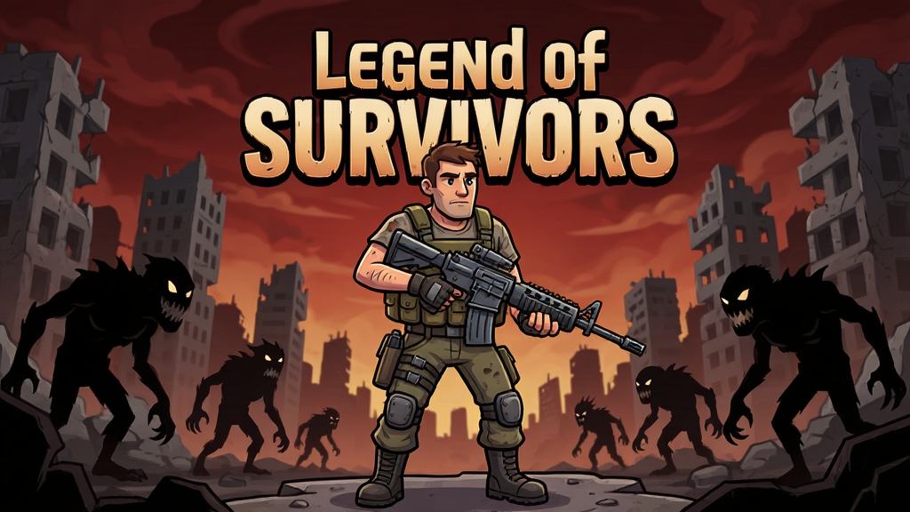 Legend of Survivors游戏主视觉图,末日废墟背景,一位身穿战术装备的幸存者手持武器站立,周围散布着变异生物剪影,天空呈现暗红色调,画面中心有游戏标题文字