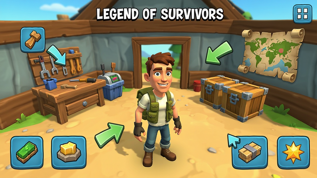 Legend of Survivors新手引导界面示意图,画面中一位幸存者角色站在基地中央,周围有资源图标与提示箭头指向工作台、储物箱、地图等设施,界面风格为美式卡通渲染,色彩明亮,画质清晰,干净无多余元素