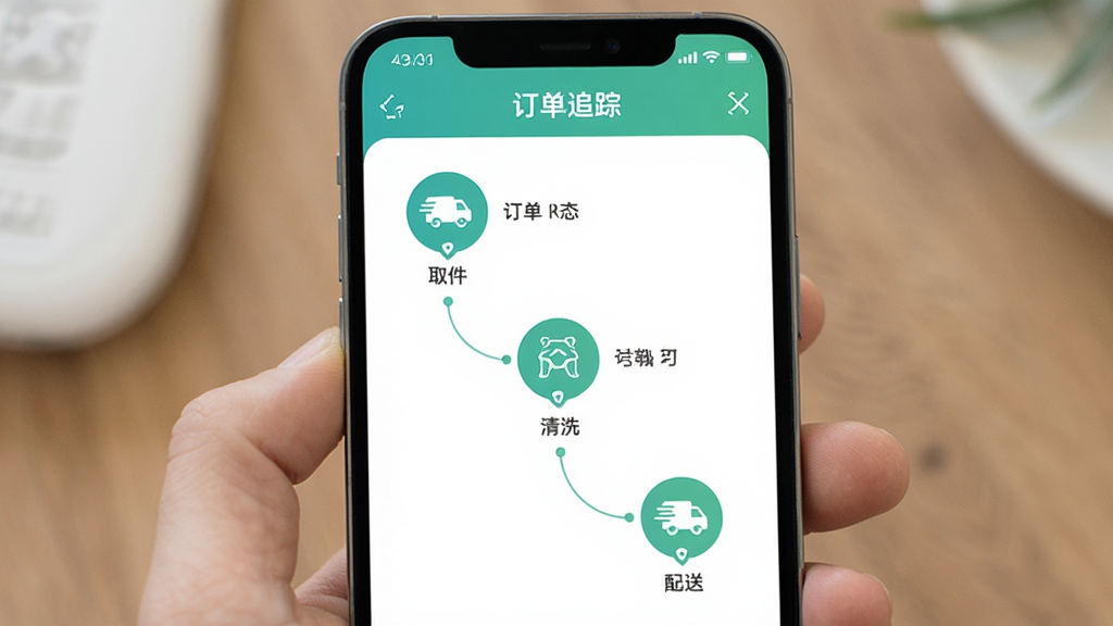 河马易洗订单追踪界面图,画面展示手机屏幕上订单状态时间轴,包含取件、清洗、配送等节点图标,界面配色清新,风格简洁直观,细节清晰,画质干净,无多余元素