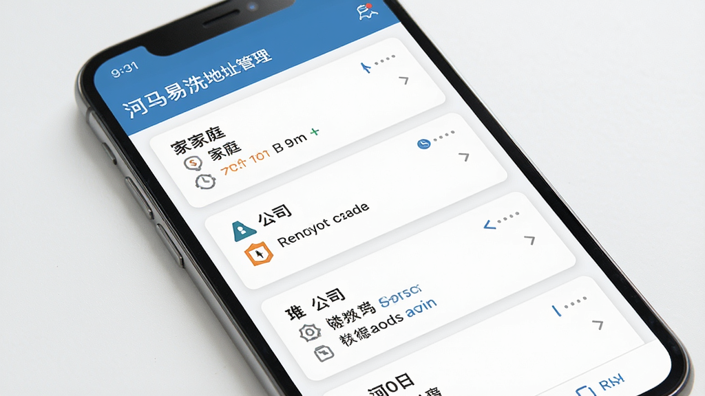 河马易洗地址管理界面图,画面展示手机屏幕上的地址列表页面,包含家庭、公司等多个地址卡片,界面布局清晰,风格简约,细节丰富,画质干净,无多余元素