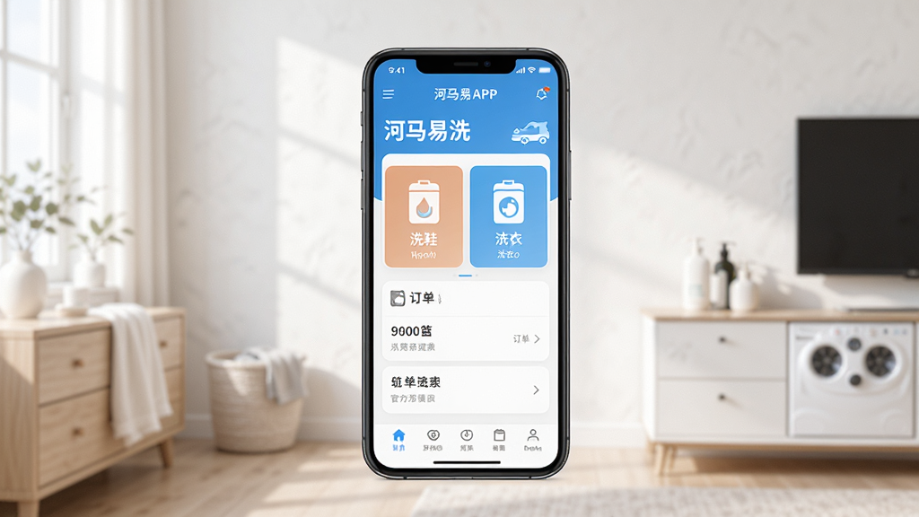河马易洗APP官方界面展示图,画面中央是一部智能手机,屏幕上显示河马易洗应用首页,包含洗鞋、洗衣、订单列表等模块,背景为整洁的居家环境,光线明亮柔和,风格简约现代,细节清晰,画质干净,无多余元素