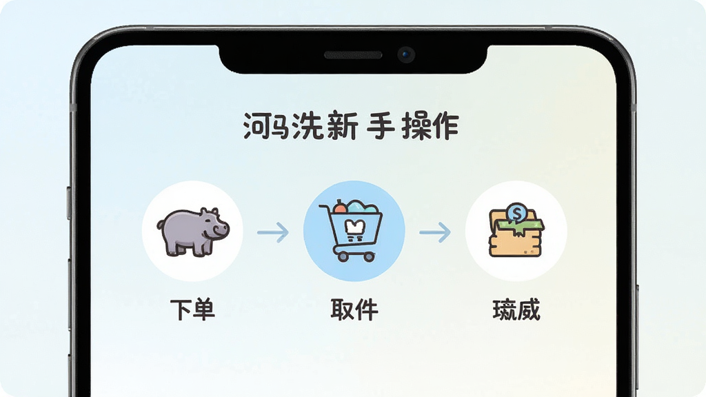 河马易洗新手操作引导图,画面展示手机屏幕上的操作步骤提示界面,包含下单、取件、支付等步骤图标,背景为浅色渐变,风格清新友好,细节清晰,画质干净,无多余元素